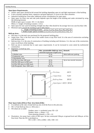 Building Planning
7
Open Space Requirements-
 Certain open space should be left around the building depending upon air and light requirement of the building
 It also considers parking, future expansion and good approach or access to the other amenities
 Industrial building has some other additional points consideration for open space
 Open space for front, rear and side yards depends upon the height of the building and canbe calculated by using
the following formula
Width of open space in meter =W = 3 + (h-10)/3;
Where, h = height of building in meters < 25 m
 Open space for rear yard for building of height less than 10m should be 3m average but in no case less than 1.8m
 Minimum space around the building is given table below:
Height of building in meter 5 6 9 12 15 18 20 24
Width of open spaces in meters 3 3.3 4 4.7 5.4 6.1 7.4 9
Built-up Area:-
 Plot Area- It is the total area purchased for the proposed building plan
 Carpet Area- This is the floor area of the usable rooms at any floor level. It is the area of construction excluding
wall thickness area.
 Built-up Area- It is the area of construction of building including wall thickness. It is the sum of the construction
areas on all floors of the building.
 Built up area is restricted due to open space requirements. It can be increased to some extent by multistoried
construction
 Regulation on built-up area
Locality Max. permissible Built-up area
covered in percent of plot area
Remark
1) Market area 75 % With Sufficient parking
2) Industrial area 60 %
3) Residential area
(a) Plot less than 200 sq.m. 60 % Up to two storied structure
(b) Plot 200 sq.m. to 500 sq.m. 50 %
(c) Plot 500 sq.m. to 1000 sq.m. 40 %
(d) Plot greater than 1000 sq.m. 33.33 %
Floor Space Index (FSI) or Floor Area Ratio (FAR):-
 It is defined as the ratio of total built-up area of all the floors to the plot area.
 FSI = ( Total Built-up Area ) / (Plot area )
 FSI values are as under
Gaothan areas => residential areas FSI = 2.0
Gaothan Areas =.> Shops = 2.5
Town planning Schemes => FSI = 1.0
 Illustration:- An owner have a plot of 500 sq.m. He has constructed 150sq.m. at ground level and 100sq.m. at first
floor level. Then the FSI is calculated as,
FSI = ( 100 + 150 ) / (500) = 250 / 500 = 0.5
 