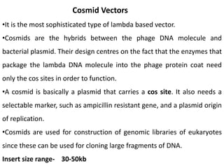 Cosmid Vectors
•It is the most sophisticated type of lambda based vector.
•Cosmids are the hybrids between the phage DNA molecule and
bacterial plasmid. Their design centres on the fact that the enzymes that
package the lambda DNA molecule into the phage protein coat need
only the cos sites in order to function.
•A cosmid is basically a plasmid that carries a cos site. It also needs a
selectable marker, such as ampicillin resistant gene, and a plasmid origin
of replication.
•Cosmids are used for construction of genomic libraries of eukaryotes
since these can be used for cloning large fragments of DNA.
Insert size range- 30-50kb
 