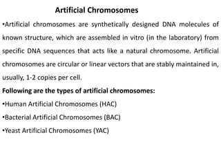 Artificial Chromosomes
•Artificial chromosomes are synthetically designed DNA molecules of
known structure, which are assembled in vitro (in the laboratory) from
specific DNA sequences that acts like a natural chromosome. Artificial
chromosomes are circular or linear vectors that are stably maintained in,
usually, 1-2 copies per cell.
Following are the types of artificial chromosomes:
•Human Artificial Chromosomes (HAC)
•Bacterial Artificial Chromosomes (BAC)
•Yeast Artificial Chromosomes (YAC)
 