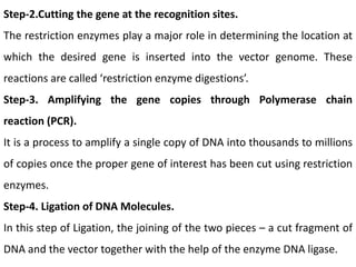 Step-2.Cutting the gene at the recognition sites.
The restriction enzymes play a major role in determining the location at
which the desired gene is inserted into the vector genome. These
reactions are called ‘restriction enzyme digestions’.
Step-3. Amplifying the gene copies through Polymerase chain
reaction (PCR).
It is a process to amplify a single copy of DNA into thousands to millions
of copies once the proper gene of interest has been cut using restriction
enzymes.
Step-4. Ligation of DNA Molecules.
In this step of Ligation, the joining of the two pieces – a cut fragment of
DNA and the vector together with the help of the enzyme DNA ligase.
 