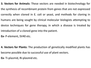 3. Vectors for Animals: These vectors are needed in biotechnology for
the synthesis of recombinant protein from genes that are not expressed
correctly when cloned in E. coli or yeast, and methods for cloning in
humans are being sought by clinical molecular biologists attempting to
device techniques for gene therapy, in which a disease is treated by
introduction of a cloned gene into the patient.
Ex- P-element, SV40 etc.
4. Vectors for Plants: The production of genetically modified plants has
become possible due to successful use of plant vectors.
Ex- Ti-plasmid, Ri-plasmid etc.
 
