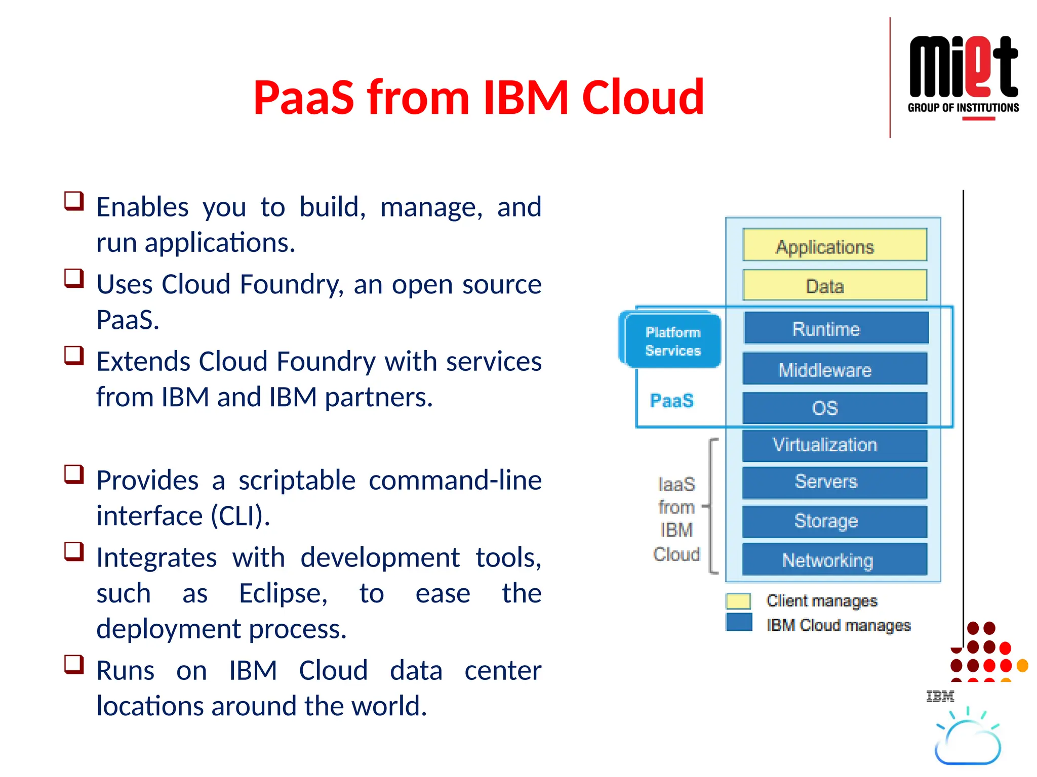 PaaS from IBM Cloud
 Enables you to build, manage, and
run applications.
 Uses Cloud Foundry, an open source
PaaS.
 Extends Cloud Foundry with services
from IBM and IBM partners.
 Provides a scriptable command-line
interface (CLI).
 Integrates with development tools,
such as Eclipse, to ease the
deployment process.
 Runs on IBM Cloud data center
locations around the world.
 