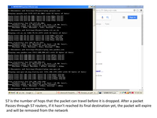 57 is the number of hops that the packet can travel before it is dropped. After a packet
Passes through 57 routers, if it hasn’t reached its final destination yet, the packet will expire
and will be removed from the network
 