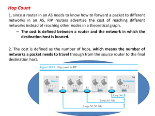Hop Count
1. since a router in an AS needs to know how to forward a packet to different
networks in an AS, RIP routers advertise the cost of reaching different
networks instead of reaching other nodes in a theoretical graph.
– The cost is defined between a router and the network in which the
destination host is located.
2. The cost is defined as the number of hops, which means the number of
networks a packet needs to travel through from the source router to the final
destination host.
 