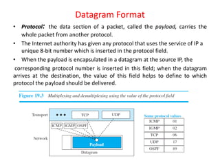 Datagram Format
• Protocol: the data section of a packet, called the payload, carries the
whole packet from another protocol.
• The Internet authority has given any protocol that uses the service of IP a
unique 8-bit number which is inserted in the protocol field.
• When the payload is encapsulated in a datagram at the source IP, the
corresponding protocol number is inserted in this field; when the datagram
arrives at the destination, the value of this field helps to define to which
protocol the payload should be delivered.
 