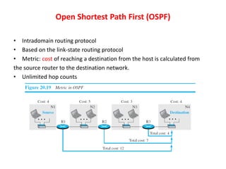 Open Shortest Path First (OSPF)
• Intradomain routing protocol
• Based on the link-state routing protocol
• Metric: cost of reaching a destination from the host is calculated from
the source router to the destination network.
• Unlimited hop counts
 