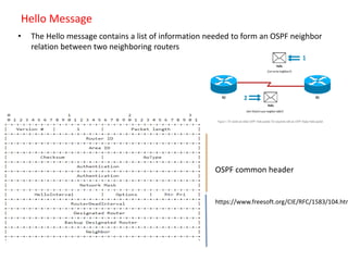 Hello Message
• The Hello message contains a list of information needed to form an OSPF neighbor
relation between two neighboring routers
OSPF common header
https://www.freesoft.org/CIE/RFC/1583/104.htm
 