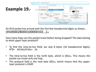 Example 19.4
An IPv4 packet has arrived with the first few hexadecimal digits as shown.
(45000028000100000102…)16
How many hops can this packet travel before being dropped? The data belong
to what upper-layer protocol?
• To find the time-to-live field, we skip 8 bytes (16 hexadecimal digits).
8*8= 64 bits/4 bits= 16
• The time-to-live field is the ninth byte, which is (01)16. This means the
packet can travel only one hop.
• The protocol field is the next byte (02)16, which means that the upper-
layer protocol is IGMP.
 