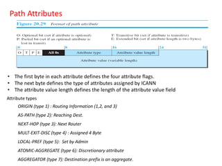 Path Attributes
• The first byte in each attribute defines the four attribute flags.
• The next byte defines the type of attributes assigned by ICANN
• The attribute value length defines the length of the attribute value field
Attribute types
ORIGIN (type 1) : Routing Information (1,2, and 3)
AS-PATH (type 2): Reaching Dest.
NEXT-HOP (type 3): Next Router
MULT-EXIT-DISC (type 4) : Assigned 4 Byte
LOCAL-PREF (type 5): Set by Admin
ATOMIC-AGGREGATE (type 6): Discretionary attribute
AGGREGATOR (type 7): Destination prefix is an aggregate.
 
