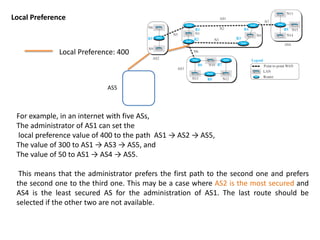 Local Preference
For example, in an internet with five ASs,
The administrator of AS1 can set the
local preference value of 400 to the path AS1 → AS2 → AS5,
The value of 300 to AS1 → AS3 → AS5, and
The value of 50 to AS1 → AS4 → AS5.
This means that the administrator prefers the first path to the second one and prefers
the second one to the third one. This may be a case where AS2 is the most secured and
AS4 is the least secured AS for the administration of AS1. The last route should be
selected if the other two are not available.
AS5
Local Preference: 400
 