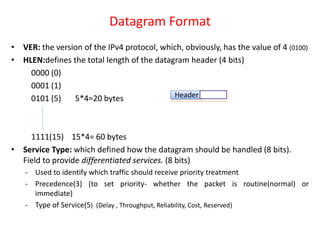 Datagram Format
• VER: the version of the IPv4 protocol, which, obviously, has the value of 4 (0100)
• HLEN:defines the total length of the datagram header (4 bits)
0000 (0)
0001 (1)
0101 (5) 5*4=20 bytes
1111(15) 15*4= 60 bytes
• Service Type: which defined how the datagram should be handled (8 bits).
Field to provide differentiated services. (8 bits)
- Used to identify which traffic should receive priority treatment
- Precedence(3) (to set priority- whether the packet is routine(normal) or
immediate)
- Type of Service(5) (Delay , Throughput, Reliability, Cost, Reserved)
Header
 