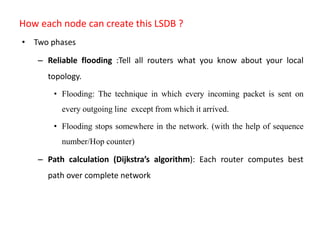 How each node can create this LSDB ?
• Two phases
– Reliable flooding :Tell all routers what you know about your local
topology.
• Flooding: The technique in which every incoming packet is sent on
every outgoing line except from which it arrived.
• Flooding stops somewhere in the network. (with the help of sequence
number/Hop counter)
– Path calculation (Dijkstra’s algorithm): Each router computes best
path over complete network
 