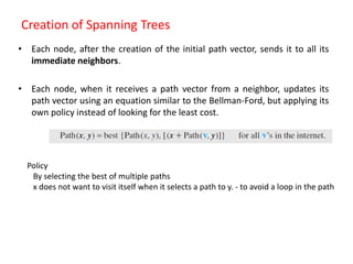 Creation of Spanning Trees
• Each node, after the creation of the initial path vector, sends it to all its
immediate neighbors.
• Each node, when it receives a path vector from a neighbor, updates its
path vector using an equation similar to the Bellman-Ford, but applying its
own policy instead of looking for the least cost.
Policy
By selecting the best of multiple paths
x does not want to visit itself when it selects a path to y. - to avoid a loop in the path
 