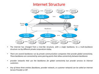 Internet Structure
• The Internet has changed from a tree-like structure, with a single backbone, to a multi-backbone
structure run by different private corporations today.
• There are several backbones run by private communication companies that provide global connectivity.
These backbones are connected by some peering points that allow connectivity between backbones
• provider networks that use the backbones for global connectivity but provide services to Internet
customers
• Any of these three entities (backbone, provider network, or customer network) can be called an Internet
Service Provider or ISP.
 