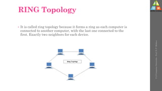 RING Topology
• It is called ring topology because it forms a ring as each computer is
connected to another computer, with the last one connected to the
first. Exactly two neighbors for each device.
U-2
Computer
Networks
-
Prof.
D.
P.
Mishra
 