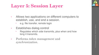 Layer 5: Session Layer
• Allows two applications on different computers to
establish, use, and end a session.
 e.g. file transfer, remote login
• Establishes dialog control
 Regulates which side transmits, plus when and how
long it transmits.
• Performs token management and
synchronization.
U-2
Computer
Networks
-
Prof.
D.
P.
Mishra
 