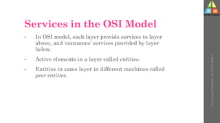 Services in the OSI Model
• In OSI model, each layer provide services to layer
above, and ‘consumes’ services provided by layer
below.
• Active elements in a layer called entities.
• Entities in same layer in different machines called
peer entities.
U-2
Computer
Networks
-
Prof.
D.
P.
Mishra
 