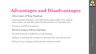 Advantages and Disadvantages
• Advantages of Ring Topology
• Transmitting network is not affected by high traffic or by adding
more nodes, as only the nodes having tokens can transmit data.
• Cheap to install and expand
• Disadvantages of Ring Topology
• Troubleshooting is difficult in ring topology.
• Adding or deleting the computers disturbs the network activity.
• Failure of one computer disturbs the whole network
U-2
Computer
Networks
-
Prof.
D.
P.
Mishra
 