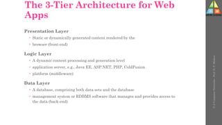 The 3-Tier Architecture for Web
Apps
Presentation Layer
 Static or dynamically generated content rendered by the
 browser (front-end)
Logic Layer
 A dynamic content processing and generation level
 application server, e.g., Java EE, ASP.NET, PHP, ColdFusion
 platform (middleware)
Data Layer
 A database, comprising both data sets and the database
 management system or RDBMS software that manages and provides access to
the data (back-end)
U-2
Computer
Networks
-
Prof.
D.
P.
Mishra
 