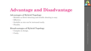 Advantage and Disadvantage
Advantages of Hybrid Topology
 Reliable as Error detecting and trouble shooting is easy.
 Effective.
 Scalable as size can be increased easily.
 Flexible.
Disadvantages of Hybrid Topology
 Complex in design.
 Costly.
U-2
Computer
Networks
-
Prof.
D.
P.
Mishra
 
