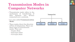 Transmission Modes in
Computer Networks
• Transmission mode refers to the
mechanism of transferring of
data between two devices
connected over a network.
• It is also called Communication
Mode.
• These modes direct the direction
of flow of information. There are
three types of transmission
modes. They are:
 Simplex Mode
 Half duplex Mode
 Full duplex Mode
U-2
Computer
Networks
-
Prof.
D.
P.
Mishra
 
