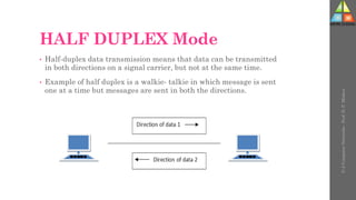 HALF DUPLEX Mode
• Half-duplex data transmission means that data can be transmitted
in both directions on a signal carrier, but not at the same time.
• Example of half duplex is a walkie- talkie in which message is sent
one at a time but messages are sent in both the directions.
U-2
Computer
Networks
-
Prof.
D.
P.
Mishra
 