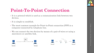 Point-To-Point Connection
• It is a protocol which is used as a communication link between two
devices.
• It is simple to establish.
• The most common example for Point-to-Point connection (PPP) is a
computer connected by telephone line.
• We can connect the two devices by means of a pair of wires or using a
microwave or satellite link.
U-2
Computer
Networks
-
Prof.
D.
P.
Mishra
 