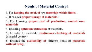 Needs of Material Control
1. For keeping the stock of raw materials within limits.
2. It ensures proper storage of materials.
3. For knowing proper cost of production, control over
materials
4. Ensuring optimum utilization of materials.
5. In order to undertake continuous checking of materials
(material control)
6. Ensures the availability of different kinds of materials
without delay.
 