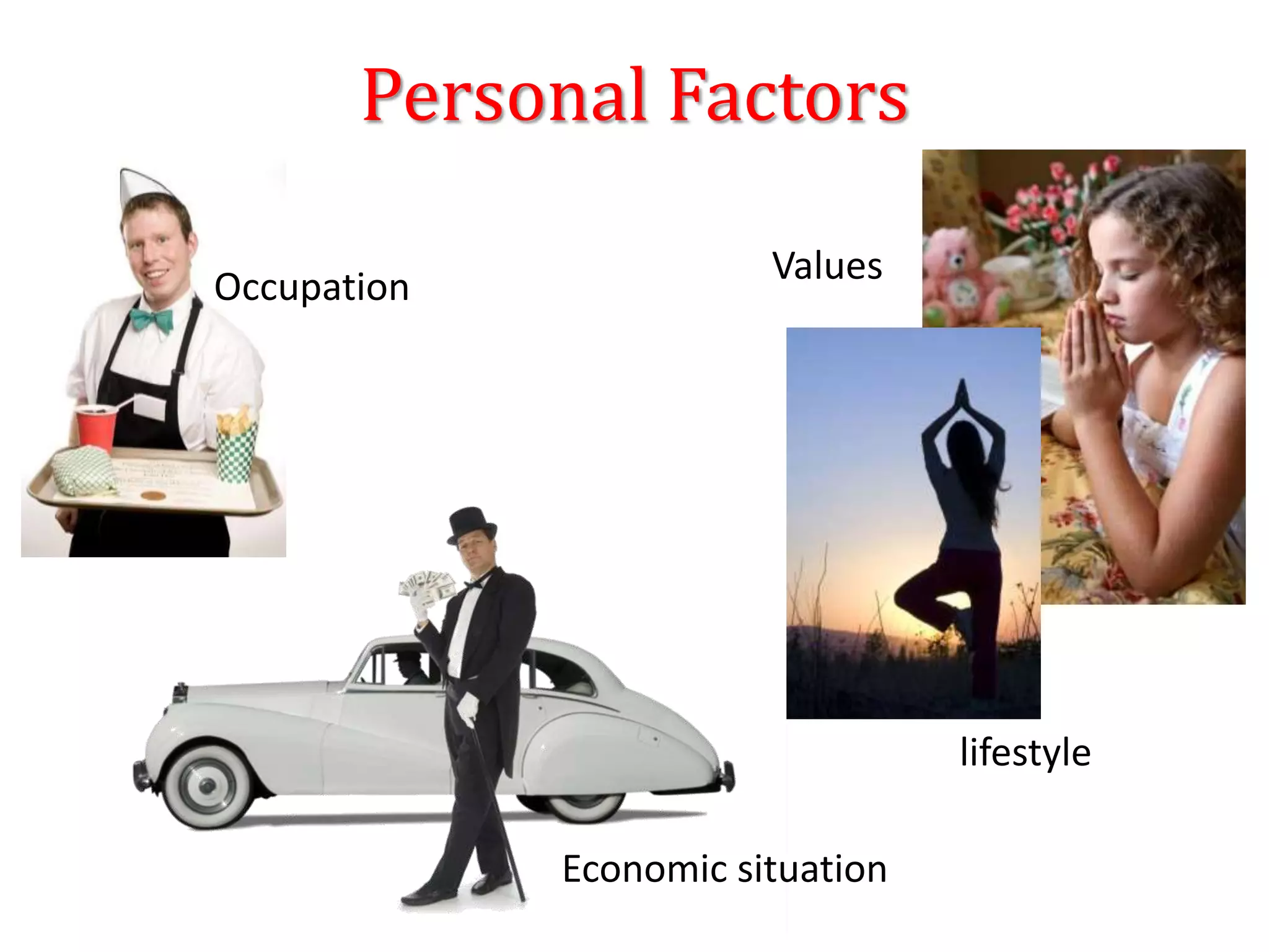 Personal Factors
Values
Occupation
Economic situation
lifestyle
 