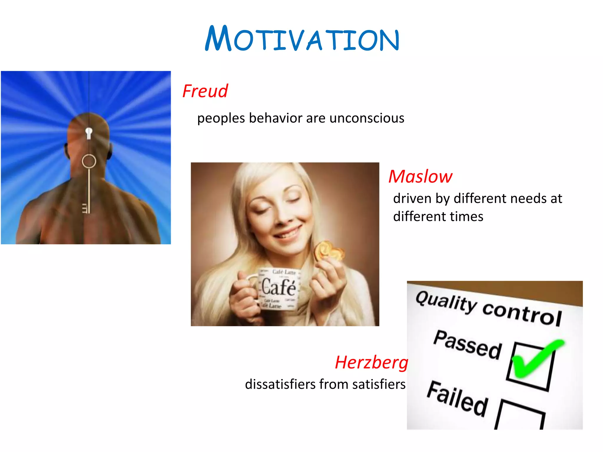 MOTIVATION
Freud
Maslow
Herzberg
peoples behavior are unconscious
driven by different needs at
different times
dissatisfiers from satisfiers
 