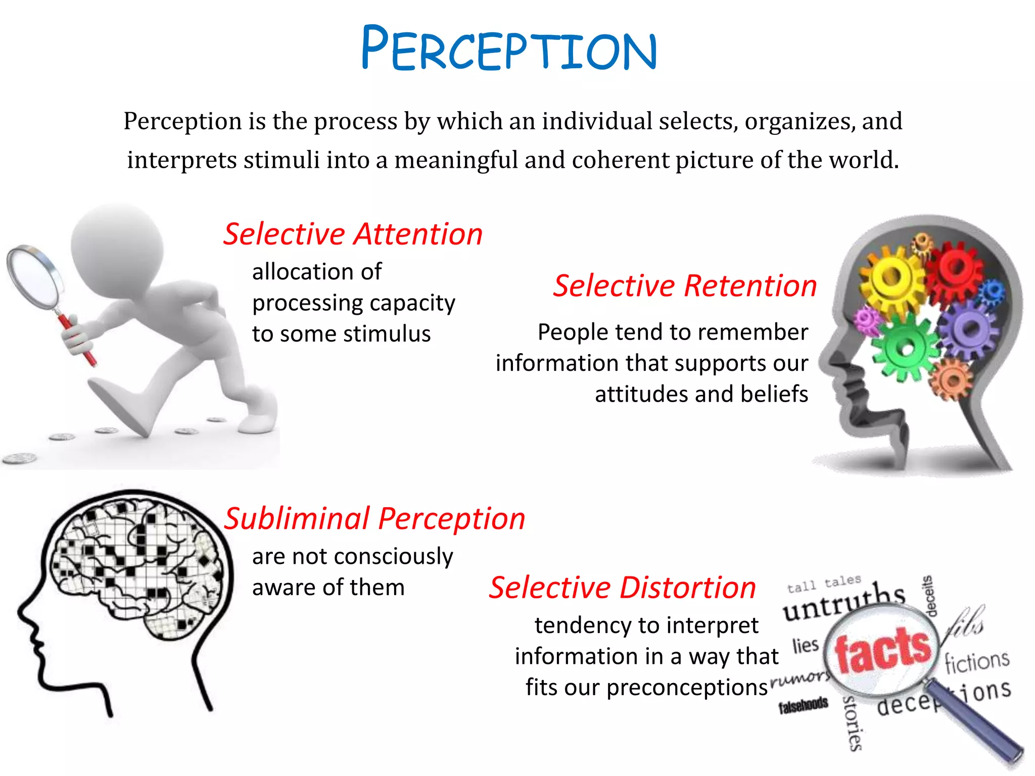 PERCEPTION
Selective Distortion
Selective Retention
Selective Attention
Subliminal Perception
Perception is the process by which an individual selects, organizes, and
interprets stimuli into a meaningful and coherent picture of the world.
People tend to remember
information that supports our
attitudes and beliefs
allocation of
processing capacity
to some stimulus
tendency to interpret
information in a way that
fits our preconceptions
are not consciously
aware of them
 