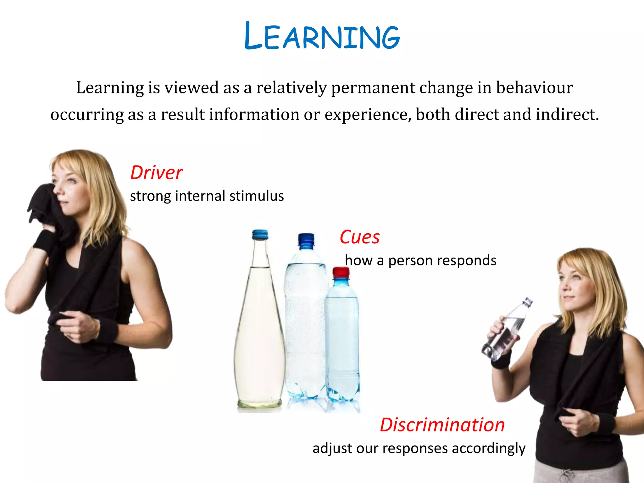 LEARNING
Driver
Cues
Discrimination
Learning is viewed as a relatively permanent change in behaviour
occurring as a result information or experience, both direct and indirect.
strong internal stimulus
how a person responds
adjust our responses accordingly
 