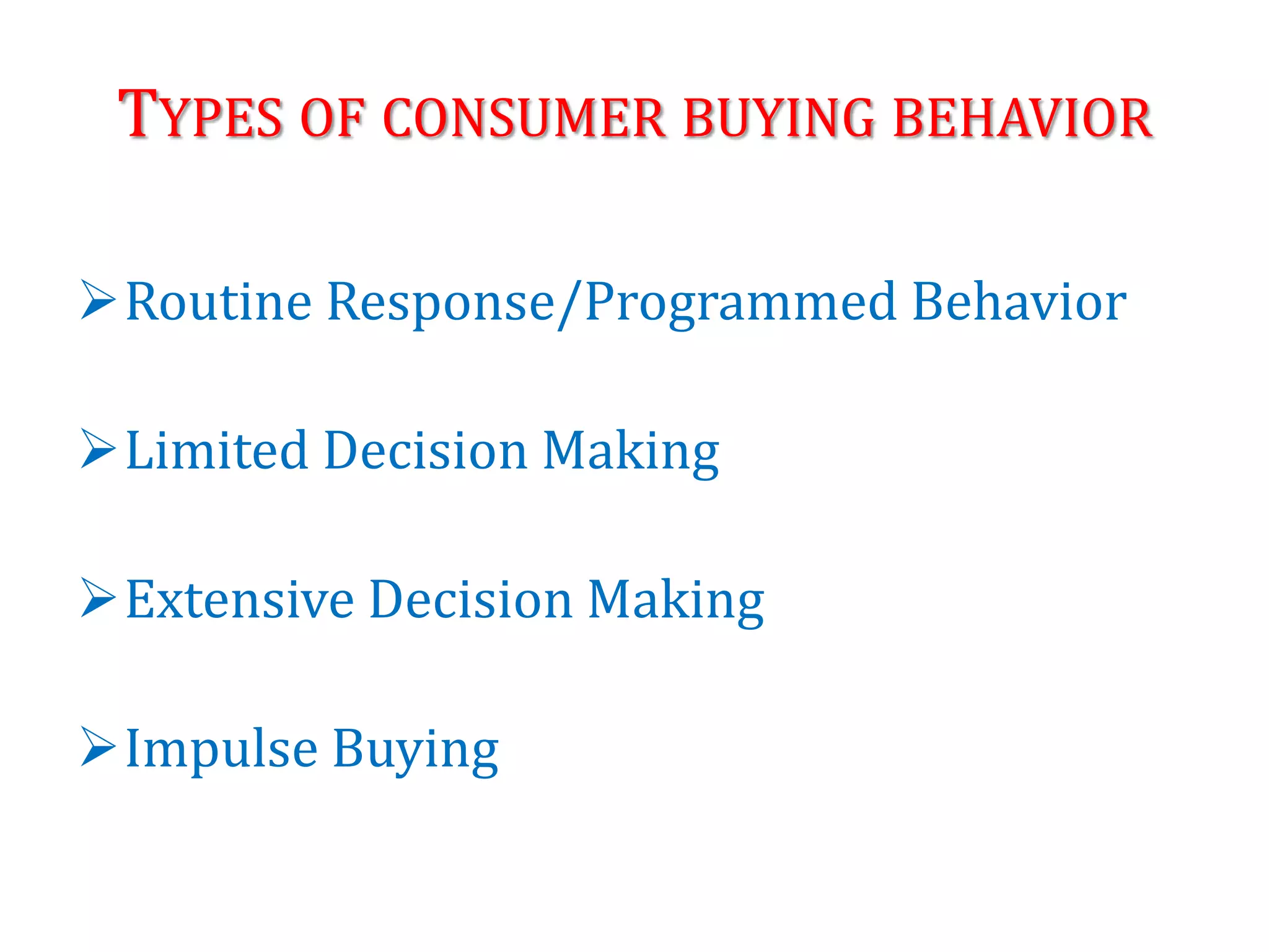 TYPES OF CONSUMER BUYING BEHAVIOR
Routine Response/Programmed Behavior
Limited Decision Making
Extensive Decision Making
Impulse Buying
 