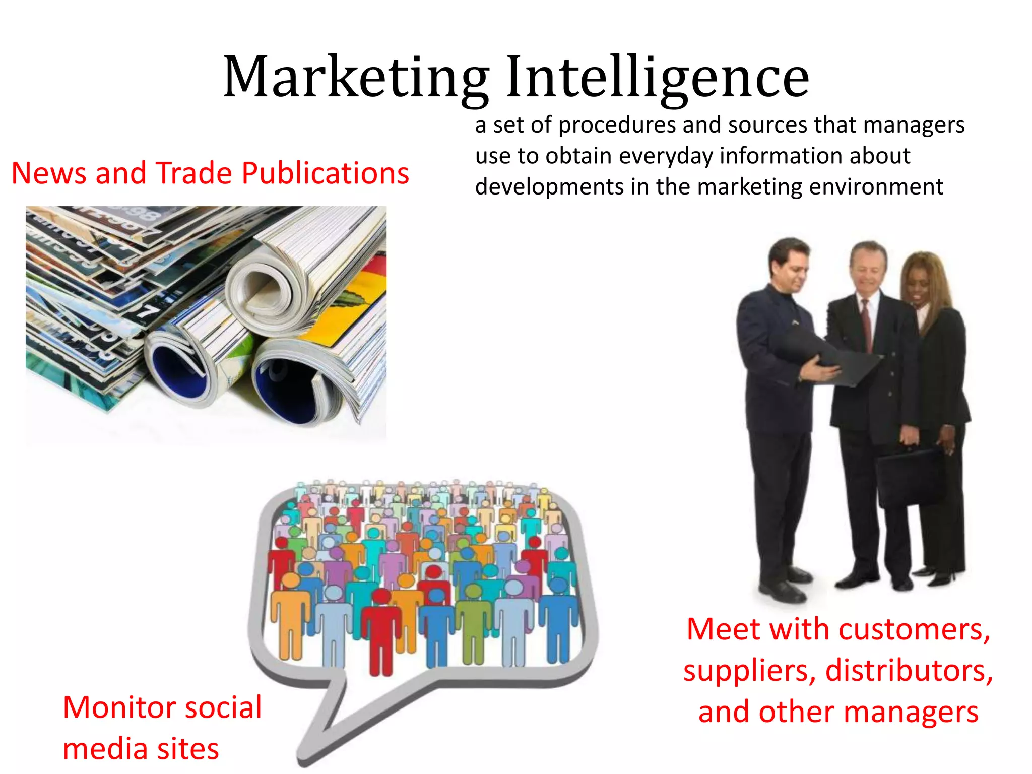 Marketing Intelligence
News and Trade Publications
Meet with customers,
suppliers, distributors,
and other managersMonitor social
media sites
a set of procedures and sources that managers
use to obtain everyday information about
developments in the marketing environment
 