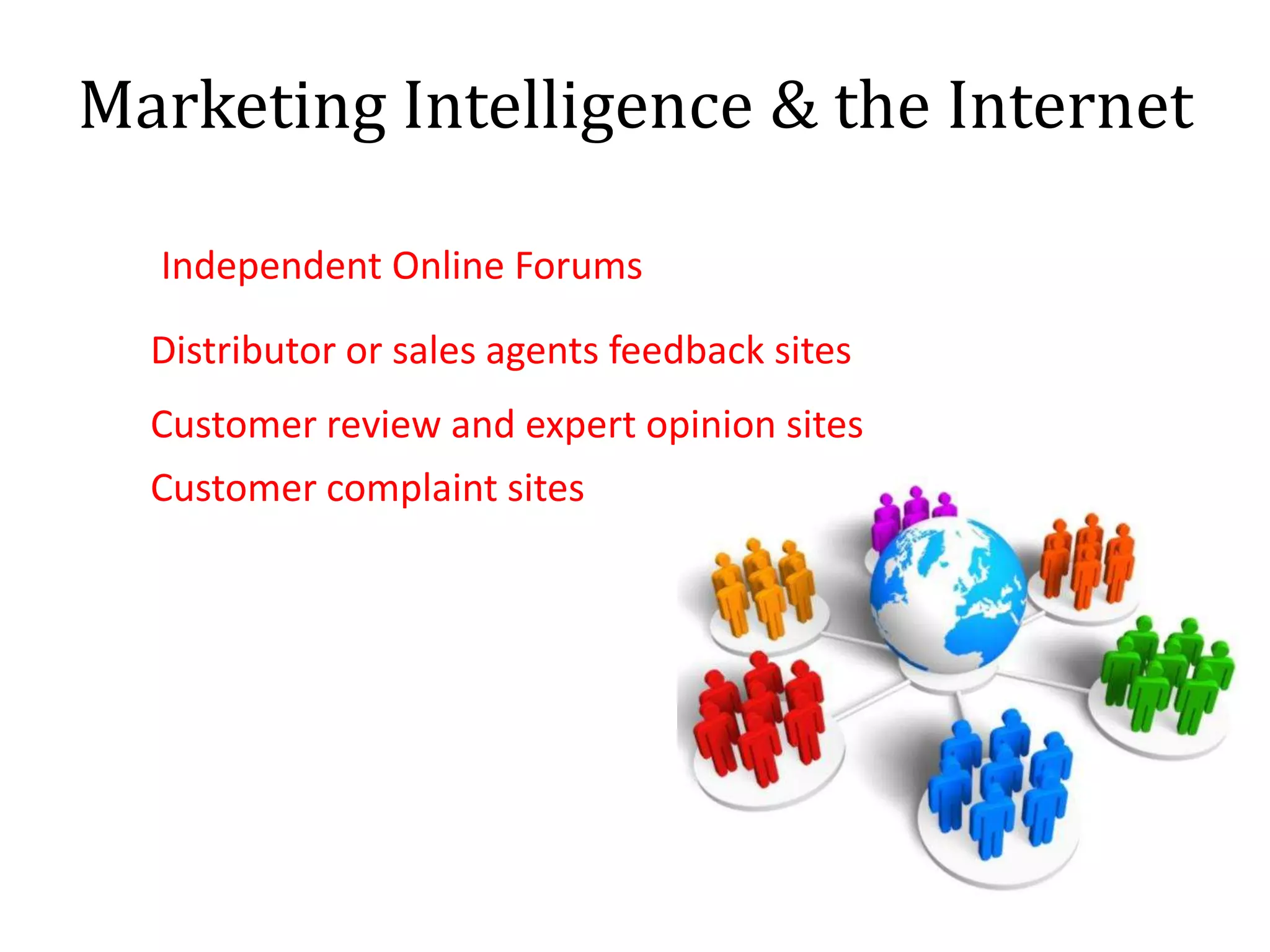 Marketing Intelligence & the Internet
Independent Online Forums
Distributor or sales agents feedback sites
Customer review and expert opinion sites
Customer complaint sites
 