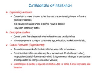 CATEGORIES OF RESEARCH
 Exploratory research
– Carried out to make problem suited to more precise investigation or to frame a
working hypothesis
– It is not used in cases where a definite result is desired
– Rely upon secondary data’s
 Descriptive studies
– Comes under formal research where objectives are clearly defines
– May range general survey of consumers age, education, market potential etc.,
 Casual Research (Experimental)
– To establish cause & effect relationship between different variables
– Possible relationship can arise may be – symmetrical (Fluctuate each other),
reciprocal (mutually influence each other) & Asymmetrical (changes in one variable
are responsible for changes in another variable)
 Discotheques & parties is depend on lifestyle, Ads vs. sales, & price increases sale
increase
 