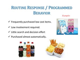 ROUTINE RESPONSE / PROGRAMMED
BEHAVIOR
 Frequently purchased low cost items.
 Low involvement required.
 Little search and decision effort
 Purchased almost automatically.
Examples
 