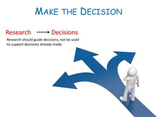 MAKE THE DECISION
Research Decisions
Research should guide decisions, not be used
to support decisions already made.
 