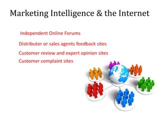 Marketing Intelligence & the Internet
Independent Online Forums
Distributor or sales agents feedback sites
Customer review and expert opinion sites
Customer complaint sites
 