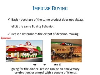 IMPULSE BUYING
 Basis - purchase of the same product does not always
elicit the same Buying Behavior.
 Reason determines the extent of decision-making.
THIS or THIS ??
going for the dinner- reason can be an anniversary
celebration, or a meal with a couple of friends.
Examples
 