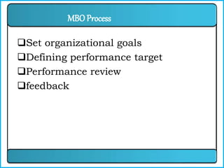 MBO Process
Set organizational goals
Defining performance target
Performance review
feedback
 