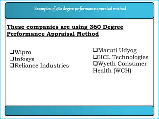 These companies are using 360 Degree
Performance Appraisal Method
Examples of 360 degreeperformanceappraisal method
Wipro
Infosys
Reliance Industries
Maruti Udyog
HCL Technologies
Wyeth Consumer
Health (WCH)
 