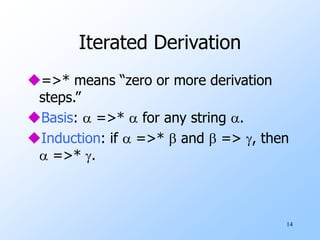 14
Iterated Derivation
=>* means “zero or more derivation
steps.”
Basis:  =>*  for any string .
Induction: if  =>*  and  => , then
 =>* .
 