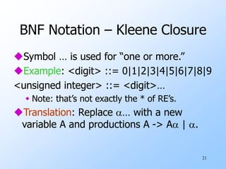 21
BNF Notation – Kleene Closure
Symbol … is used for “one or more.”
Example: <digit> ::= 0|1|2|3|4|5|6|7|8|9
<unsigned integer> ::= <digit>…
 Note: that’s not exactly the * of RE’s.
Translation: Replace … with a new
variable A and productions A -> A | .
 