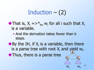 43
Induction – (2)
That is, Xi =>*lm wi for all i such that Xi
is a variable.
 And the derivation takes fewer than k
steps.
By the IH, if Xi is a variable, then there
is a parse tree with root Xi and yield wi.
Thus, there is a parse tree
A
X1 Xn
. . .
w1 wn
 