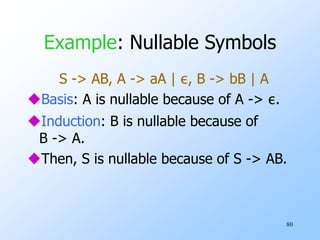 80
Example: Nullable Symbols
S -> AB, A -> aA | ε, B -> bB | A
Basis: A is nullable because of A -> ε.
Induction: B is nullable because of
B -> A.
Then, S is nullable because of S -> AB.
 