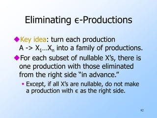 82
Eliminating ε-Productions
Key idea: turn each production
A -> X1…Xn into a family of productions.
For each subset of nullable X’s, there is
one production with those eliminated
from the right side “in advance.”
 Except, if all X’s are nullable, do not make
a production with ε as the right side.
 