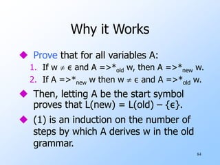 84
Why it Works
 Prove that for all variables A:
1. If w  ε and A =>*old w, then A =>*new w.
2. If A =>*new w then w  ε and A =>*old w.
 Then, letting A be the start symbol
proves that L(new) = L(old) – {ε}.
 (1) is an induction on the number of
steps by which A derives w in the old
grammar.
 