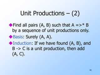 90
Unit Productions – (2)
Find all pairs (A, B) such that A =>* B
by a sequence of unit productions only.
Basis: Surely (A, A).
Induction: If we have found (A, B), and
B -> C is a unit production, then add
(A, C).
 