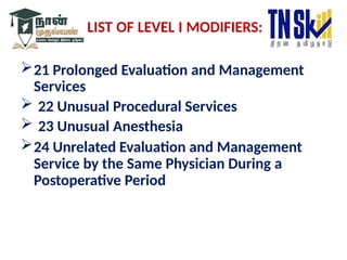 LIST OF LEVEL I MODIFIERS:
21 Prolonged Evaluation and Management
Services
 22 Unusual Procedural Services
 23 Unusual Anesthesia
24 Unrelated Evaluation and Management
Service by the Same Physician During a
Postoperative Period
 